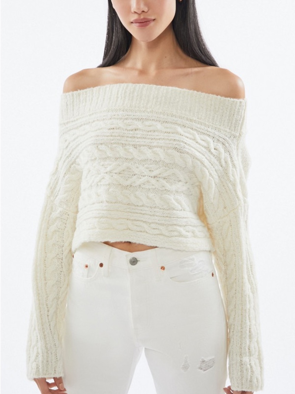 Urban Outfitters Off-Shoulder Cable Knit Sweater in Cream